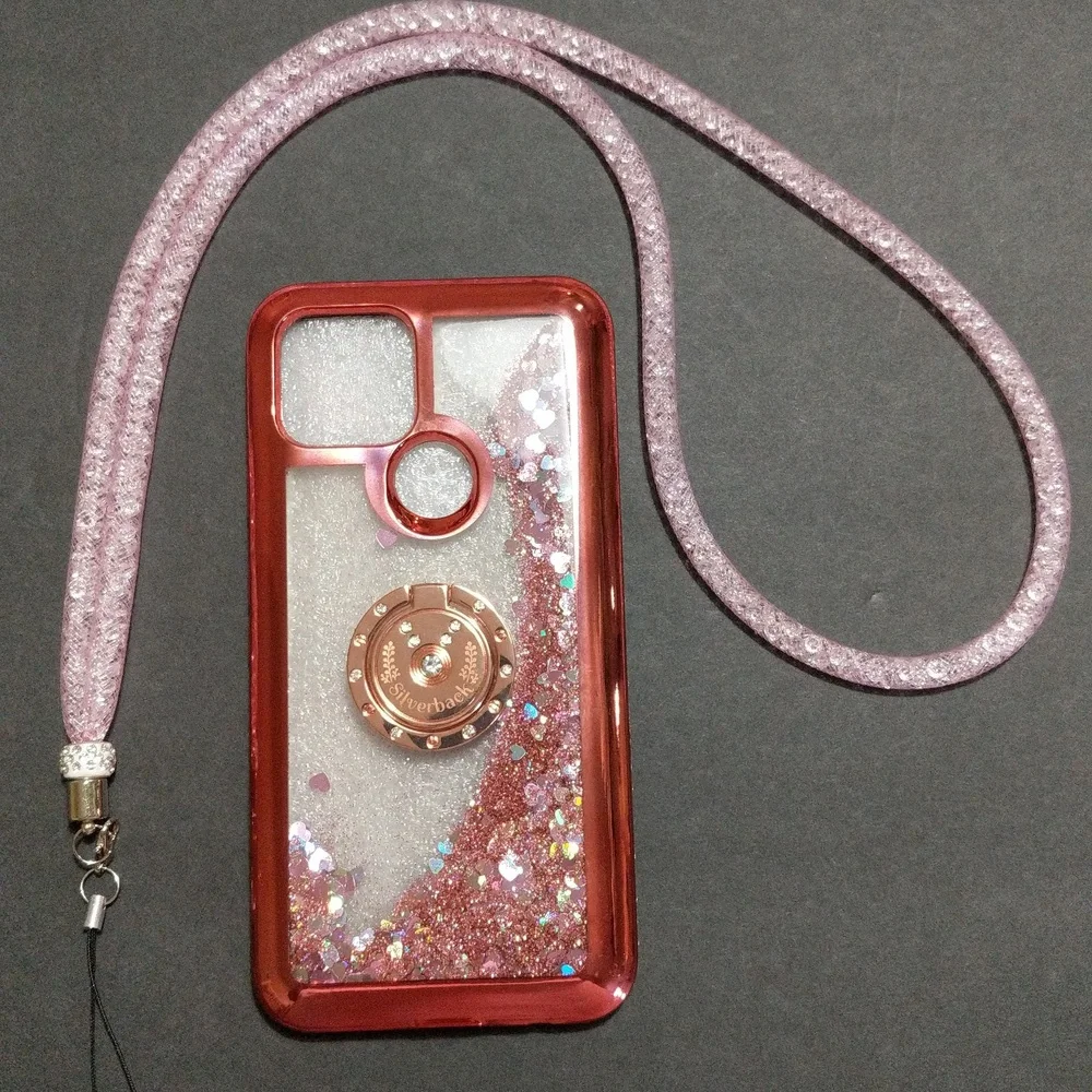 Google Pixel 5 5g Rose Gold Clear Cover Strap Moving Holographic Sparkle…